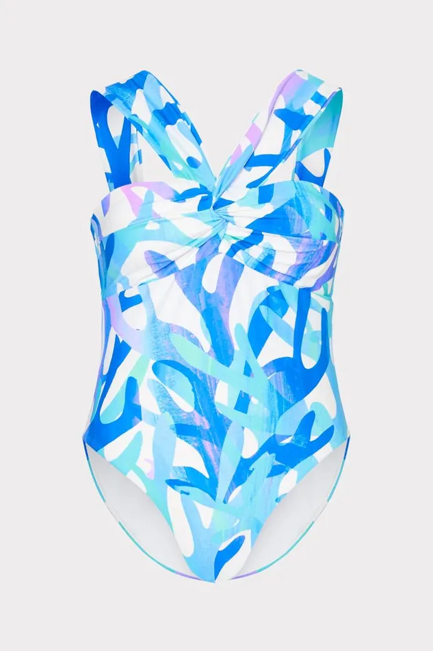 Milly Swim and Coverups Women Betsy Italian Under The Sea Bandeau One Piece Blue Multi