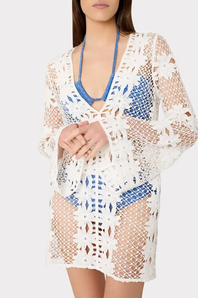 Milly Swim and Coverups Women Floral Crochet Coverup Dress White