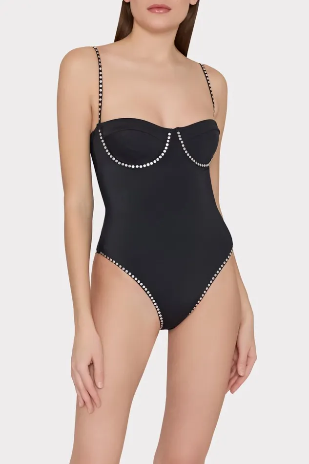 Milly Swim and Coverups Women Heat Set Embellishment Underwire One Piece Black Milly Swim and Coverups Women Heat Set Embellishment Underwire One Piece Black