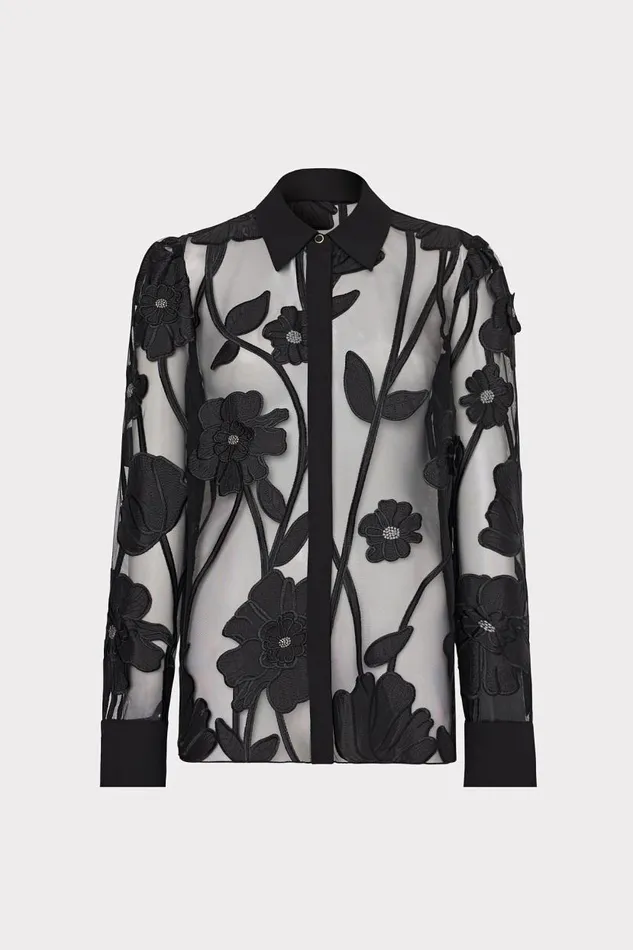 Milly Tops Women Ashton Grand Fleur Embroidered Top Black