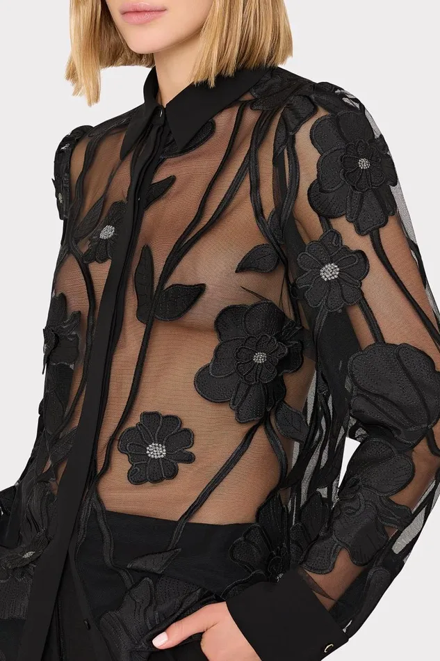 Milly Tops Women Ashton Grand Fleur Embroidered Top Black