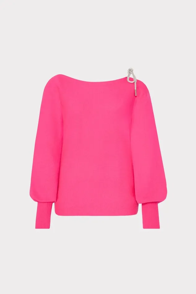 Milly Tops Women Ida Crystal Bow Cold Shoulder Sweater Milly Pink