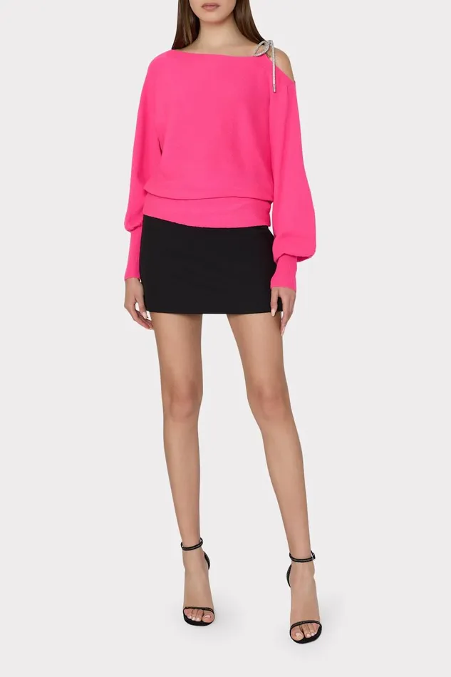 Milly Tops Women Ida Crystal Bow Cold Shoulder Sweater Milly Pink