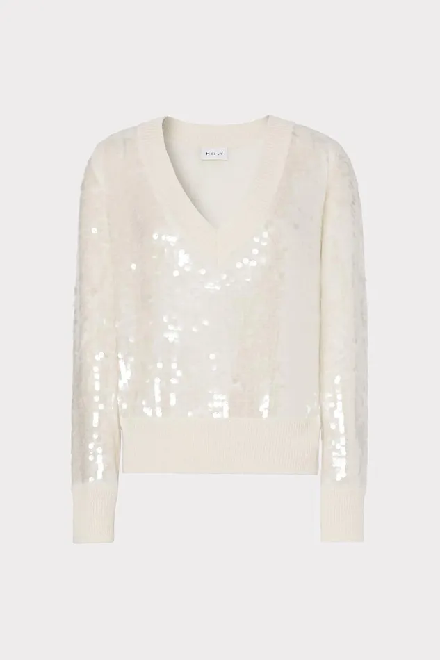 Milly Tops Women Ilaria Sequin VNeck Sweater Ecru