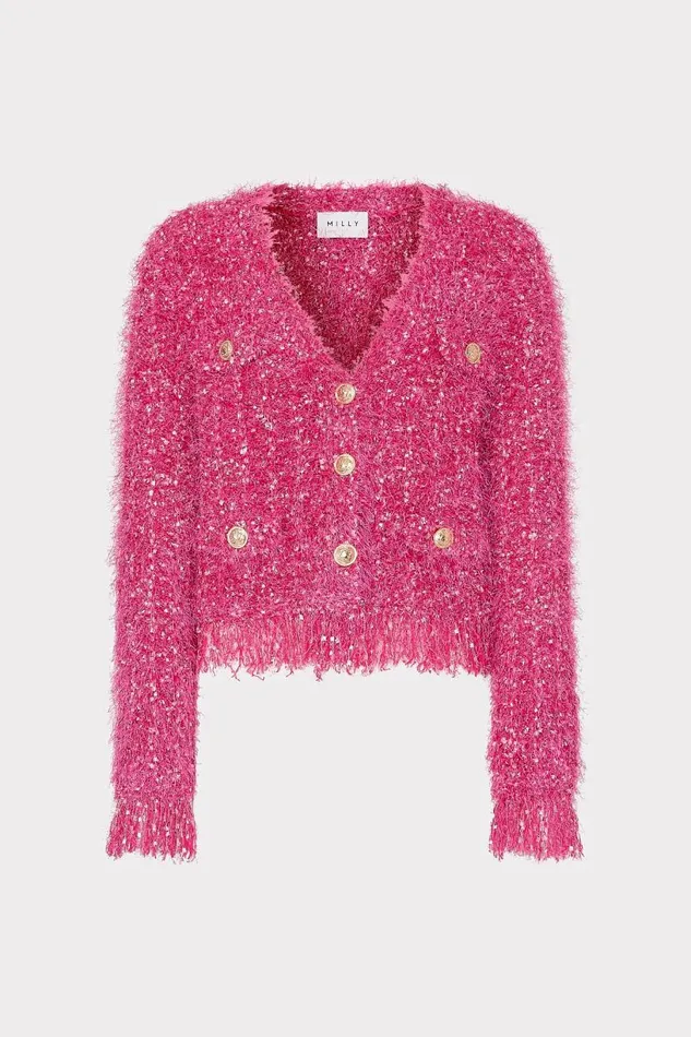 Milly Tops Women Textured Fringe Cardigan Pink