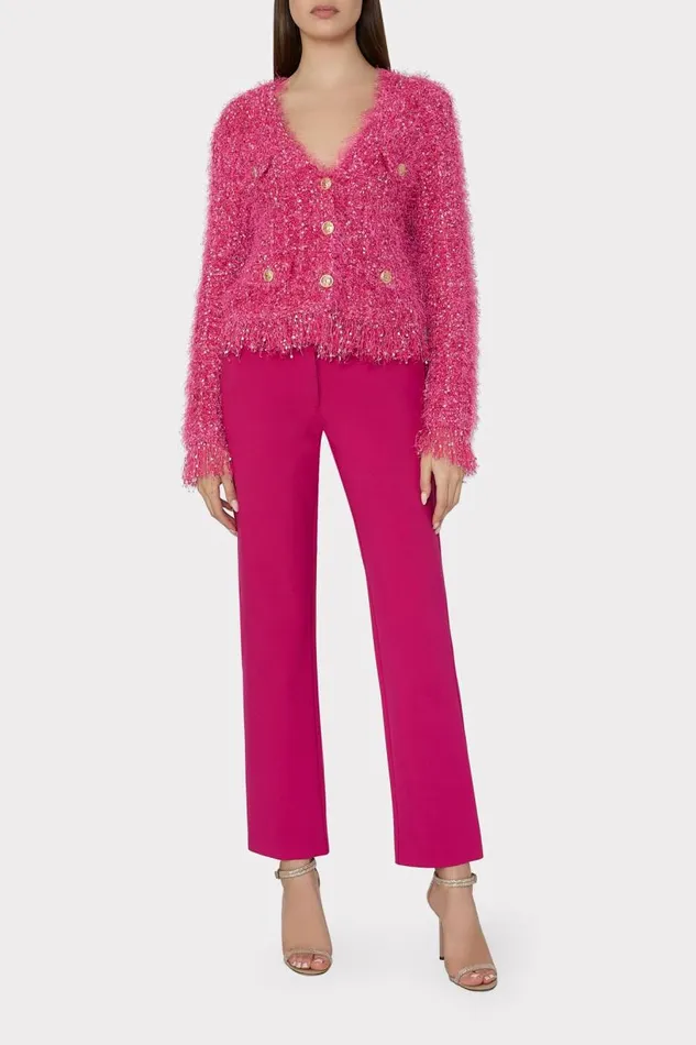Milly Tops Women Textured Fringe Cardigan Pink