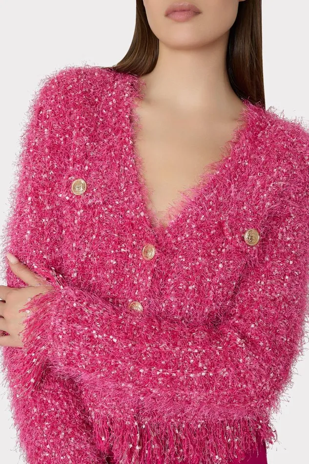 Milly Tops Women Textured Fringe Cardigan Pink