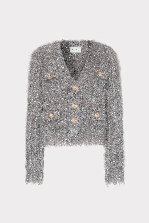 Milly Tops Women Textured Fringe Cardigan Silver