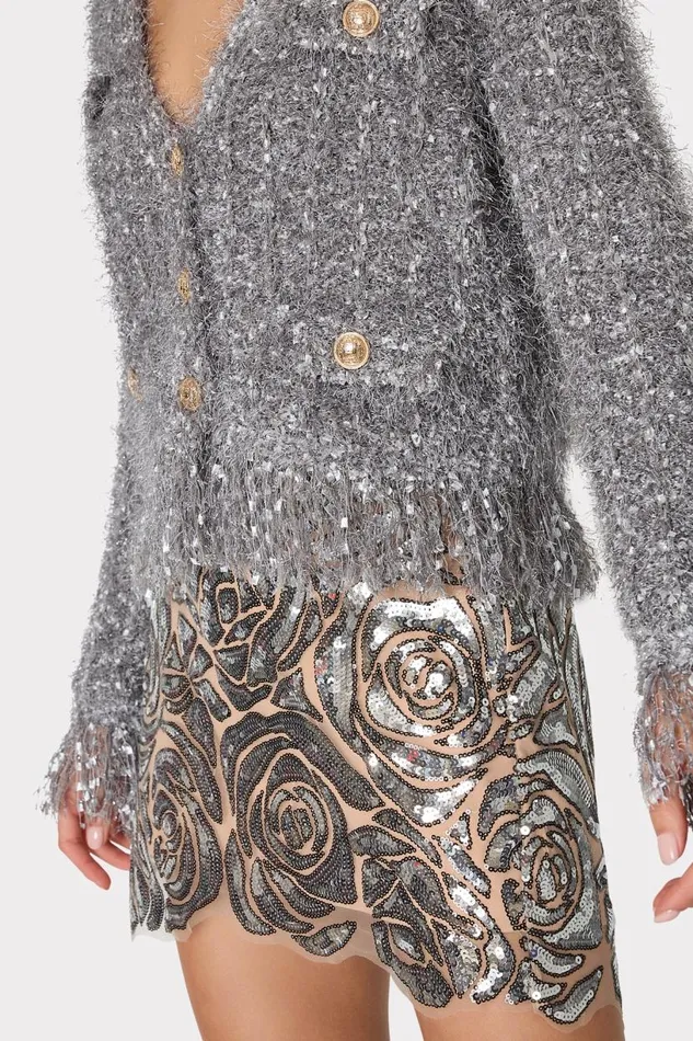 Milly Tops Women Textured Fringe Cardigan Silver