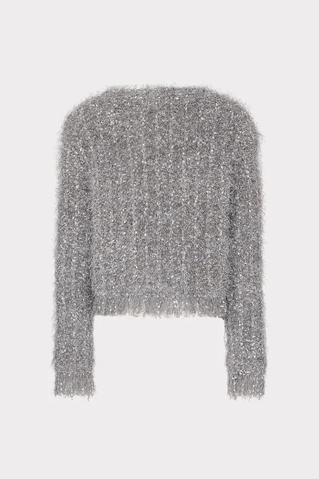 Milly Tops Women Textured Fringe Cardigan Silver