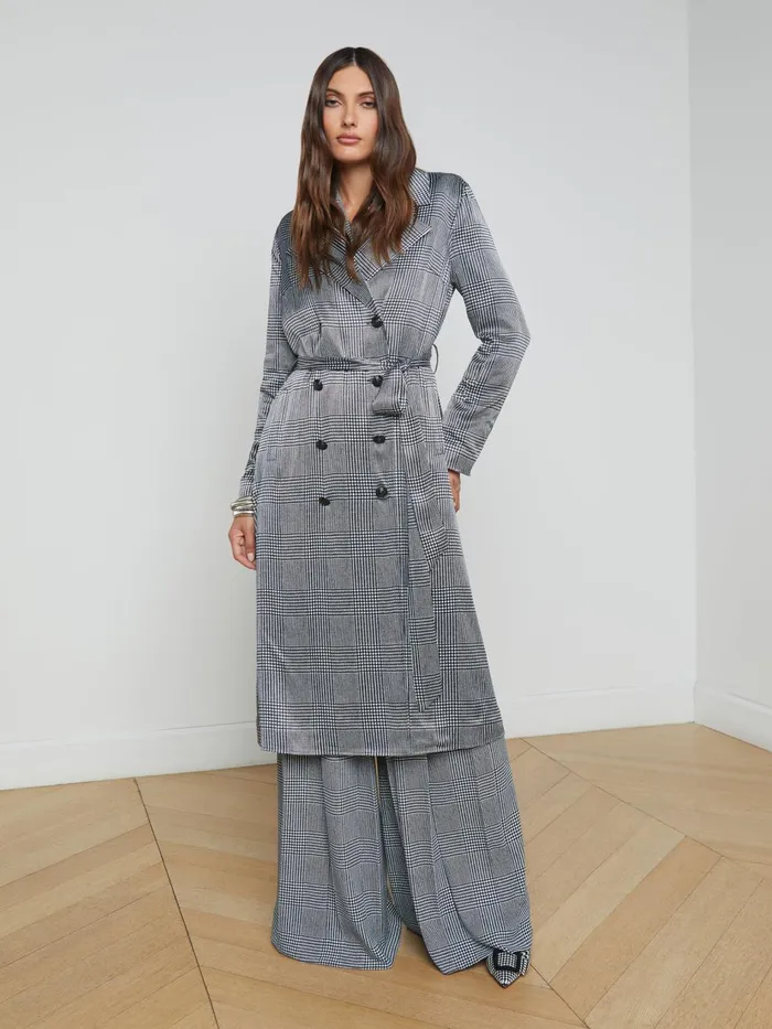 Moda Satin Trench Coat Whiteblack Glen Plaid Women L039Agence Blazers and Jackets