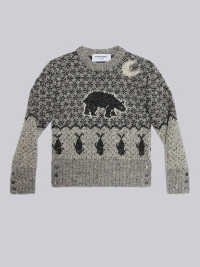 Mohair Tweed Fair Isle Crew Neck Pullover Light Grey GirlsBoys Thom Browne Knitwear Mohair Tweed Fair Isle Crew Neck Pullover Light Grey GirlsBoys Thom Browne Knitwear