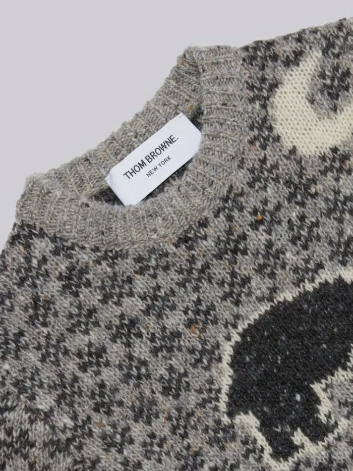 Mohair Tweed Fair Isle Crew Neck Pullover Light Grey GirlsBoys Thom Browne Knitwear