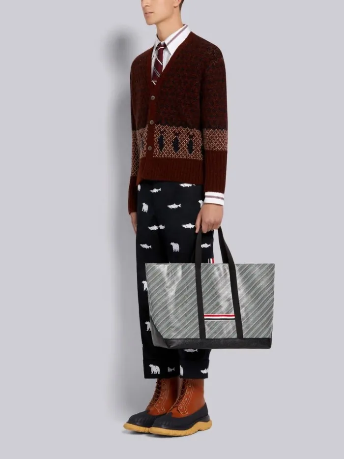 Monogram Coated Canvas Medium Tool Tote With Webbing Handles Medium Grey WomenMen Thom Browne Handbags and Totes