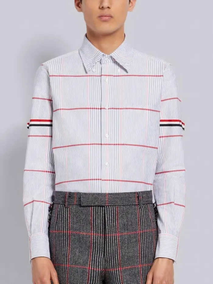 Multicolor Check Cotton Oxford Grosgrain Armband Straight Fit Long Sleeve Shirt Rwbwht Men Thom Browne Shirting Multicolor Check Cotton Oxford Grosgrain Armband Straight Fit Long Sleeve Shirt Rwbwht Men Thom Browne Shirting