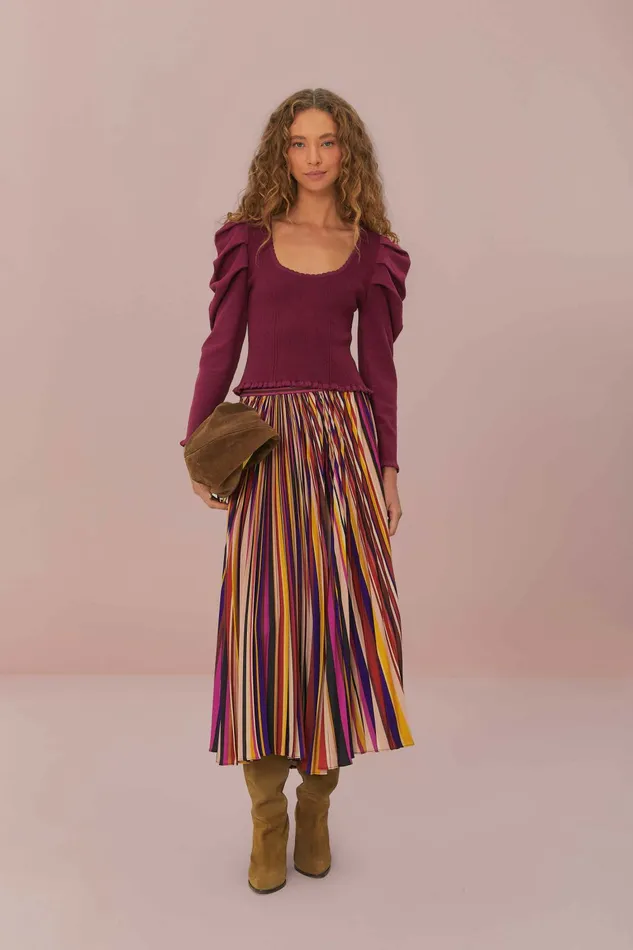 Multicolor Diagonal Stripes Pleated Maxi Skirt Women FARM Rio Skirts