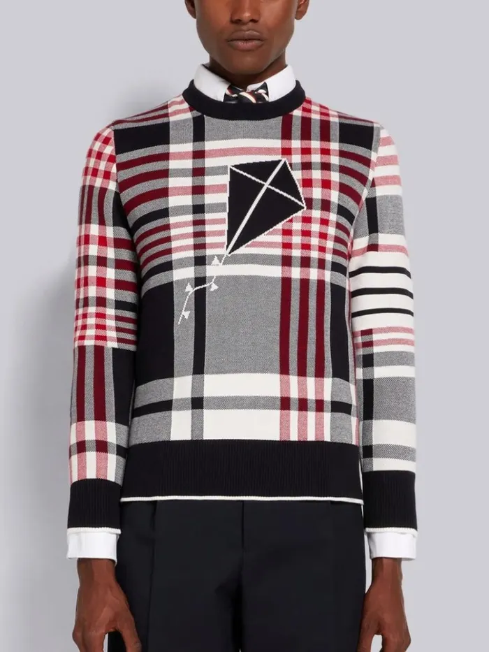 Multicolor Hairline Madras Cotton 4bar Kite Icon Crew Neck Pullover Rwbwht Men Thom Browne Knitwear Multicolor Hairline Madras Cotton 4bar Kite Icon Crew Neck Pullover Rwbwht Men Thom Browne Knitwear