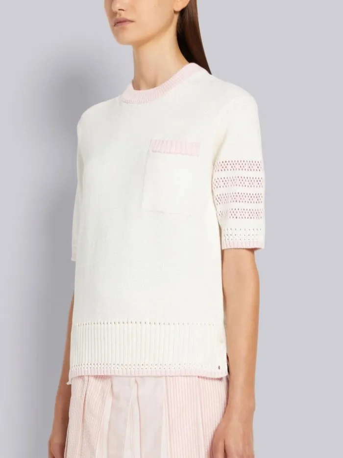 Multicolor Jersey Stitch Cotton Contrast Pointelle Tipping 4bar Short Sleeve Pullover Seasonal Multi Women Thom Browne Knitwear