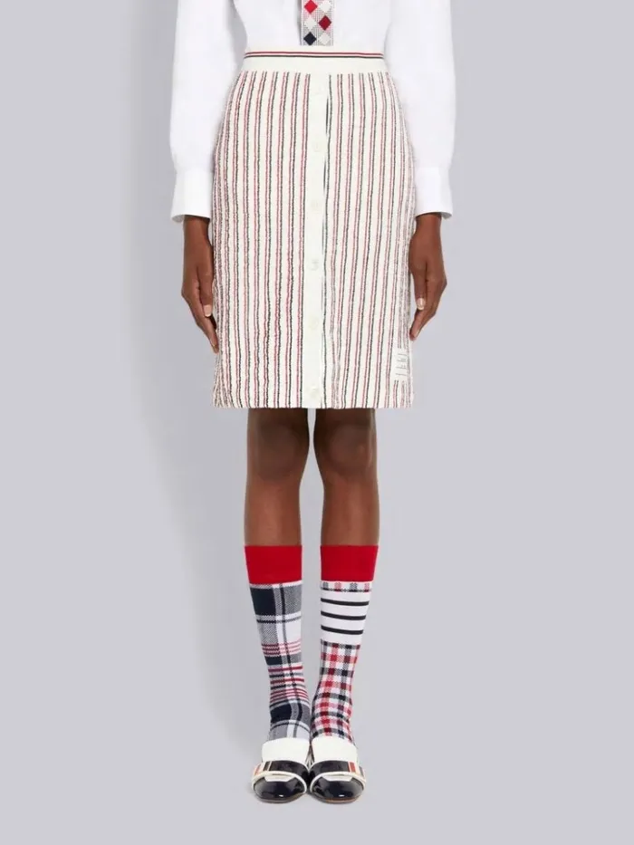Multicolor Textured Stripe Cotton Tweed Button Placket Knee Length Skirt Rwbwht Women Thom Browne Skirts Multicolor Textured Stripe Cotton Tweed Button Placket Knee Length Skirt Rwbwht Women Thom Browne Skirts