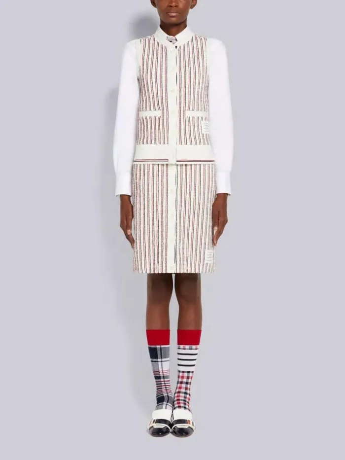 Multicolor Textured Stripe Cotton Tweed Button Placket Knee Length Skirt Rwbwht Women Thom Browne Skirts