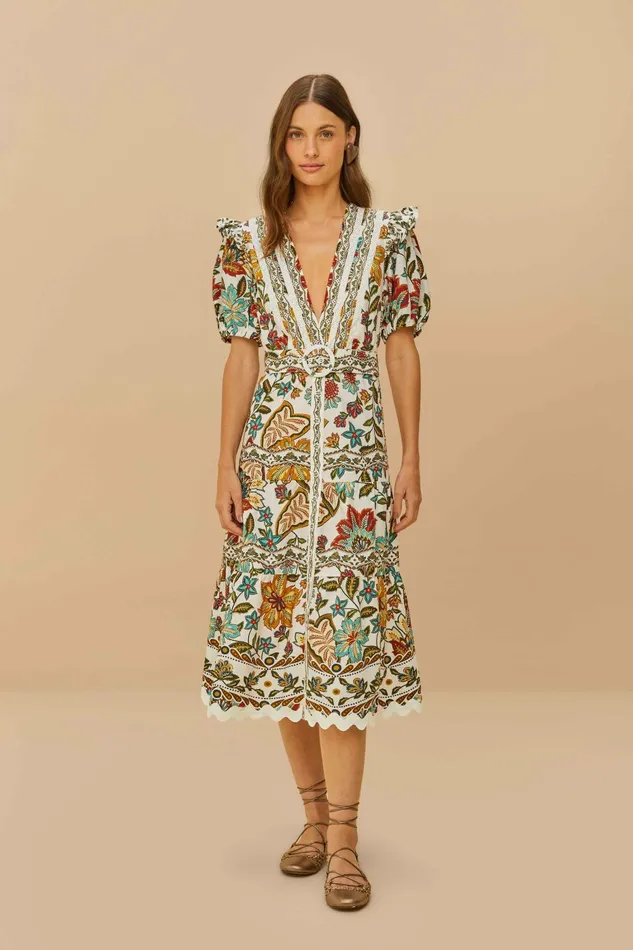 OffWhite Botanicals Belted Midi Dress Women FARM Rio Midi Dresses