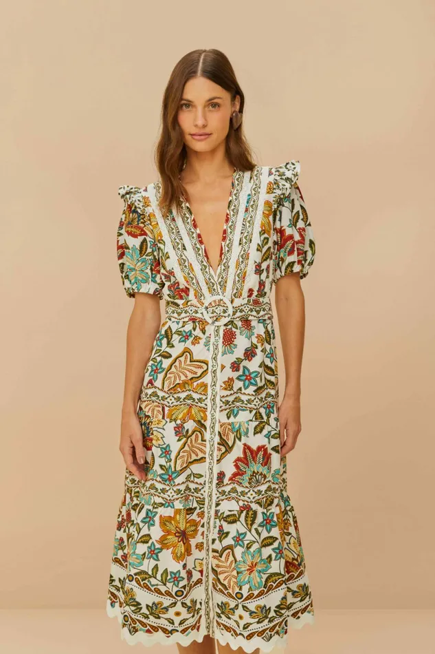 OffWhite Botanicals Belted Midi Dress Women FARM Rio Midi Dresses OffWhite Botanicals Belted Midi Dress Women FARM Rio Midi Dresses