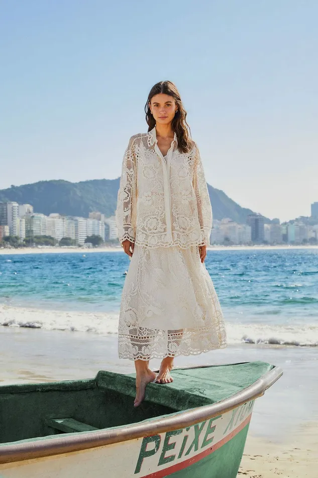 OffWhite Swan Lake Guipure Midi Skirt Women FARM Rio Skirts