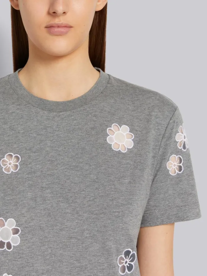 Organic Solid Jersey Mixed Tulle And Organza Flower Short Sleeve Tee Medium Grey Women Thom Browne Tshirts and Polos