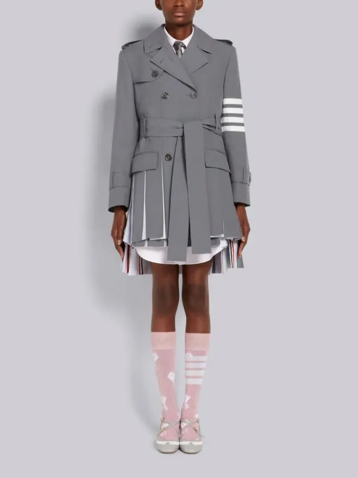Oxford And Ripstop School Uniform 4bar Dropped Back Pleated Trench Medium Grey Women Thom Browne Outerwear Oxford And Ripstop School Uniform 4bar Dropped Back Pleated Trench Medium Grey Women Thom Browne Outerwear