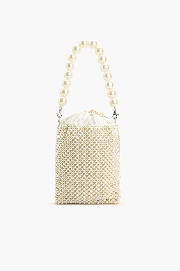 Pearl White Beaded Top Handle Bag