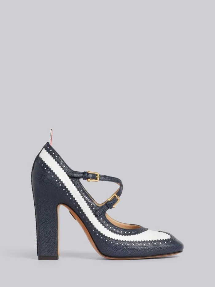 Pebble Grain Leather 105mm Block Heel Brogued Criss Cross Thom John Navy Women Thom Browne Heels Pebble Grain Leather 105mm Block Heel Brogued Criss Cross Thom John Navy Women Thom Browne Heels