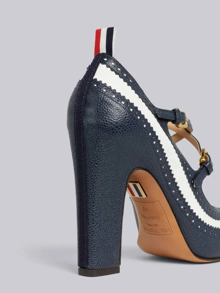 Pebble Grain Leather 105mm Block Heel Brogued Criss Cross Thom John Navy Women Thom Browne Heels