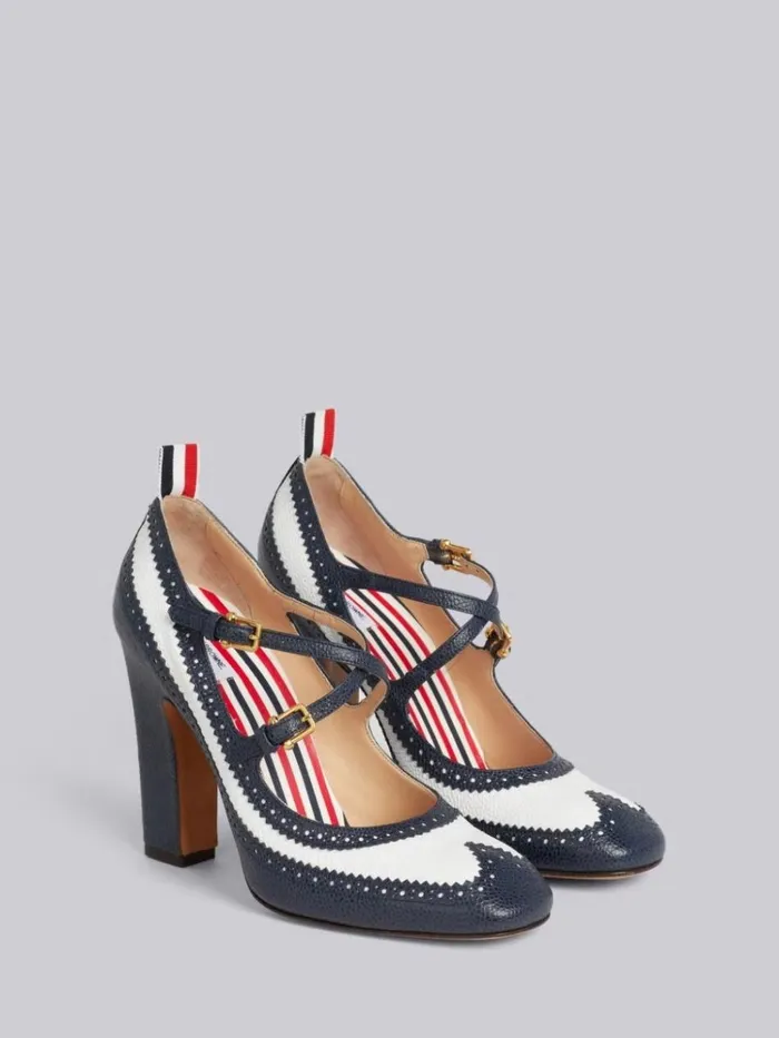 Pebble Grain Leather 105mm Block Heel Brogued Criss Cross Thom John Navy Women Thom Browne Heels