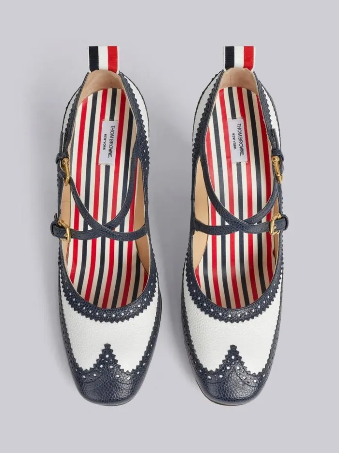Pebble Grain Leather 105mm Block Heel Brogued Criss Cross Thom John Navy Women Thom Browne Heels