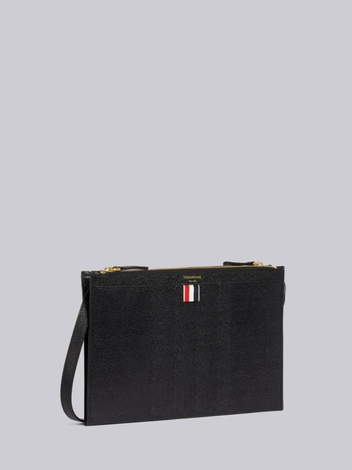 Pebble Grain Leather Debossed 4bar Crossbody Double Document Holder Black Men Thom Browne Backpacks and Bumbags