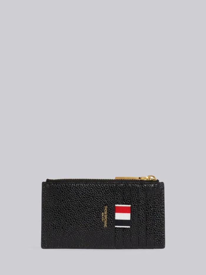 Pebble Grain Leather Debossed 4bar Zippered Card Wallet Black Women Thom Browne Purses and Wallets