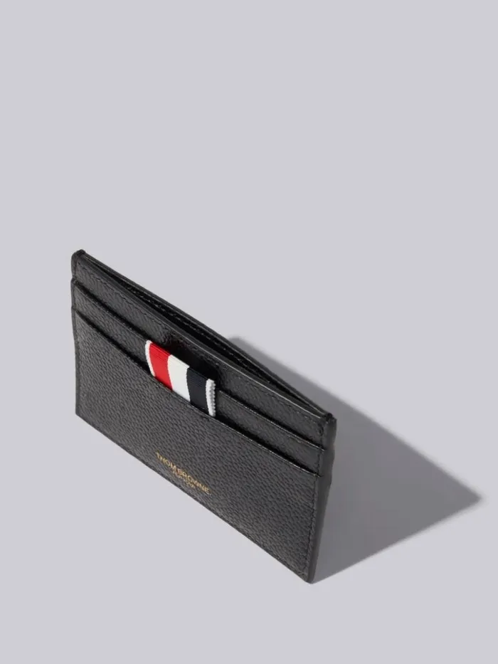 Pebble Grain Leather Grosgrain Tab Double Sided Card Holder Black WomenMen Thom Browne Purses and Wallets