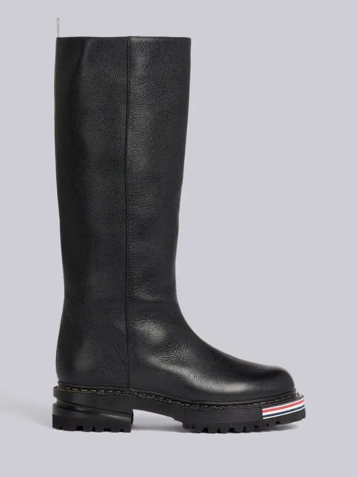 Pebble Grain Leather Rubber Hiking Sole Stripe Micro Insert Knee High Boot Black Women Thom Browne Boots Pebble Grain Leather Rubber Hiking Sole Stripe Micro Insert Knee High Boot Black Women Thom Browne Boots