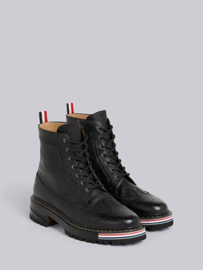 Pebble Grain Leather Stripe Insert Hiking Sole Longwing Boot Black Men Thom Browne Boots
