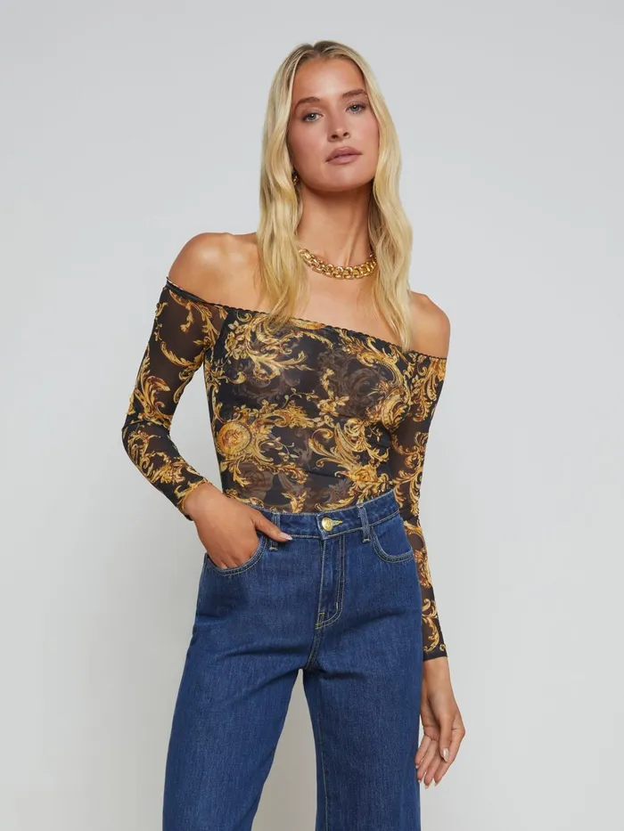 Peonie OffTheShoulder Bodysuit Blackgold Barocco Swirl Women L039Agence Blouses and Tops Peonie OffTheShoulder Bodysuit Blackgold Barocco Swirl Women L039Agence Blouses and Tops