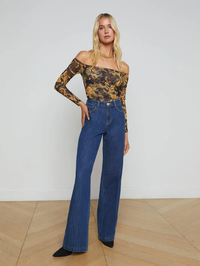 Peonie OffTheShoulder Bodysuit Blackgold Barocco Swirl Women L039Agence Blouses and Tops Peonie OffTheShoulder Bodysuit Blackgold Barocco Swirl Women L039Agence Blouses and Tops
