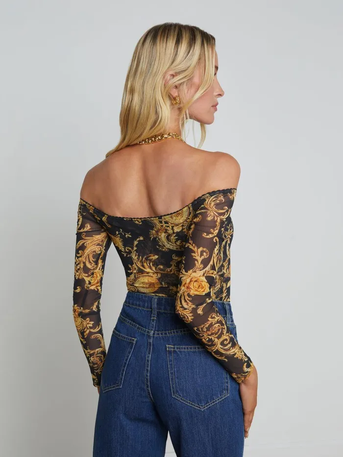 Peonie OffTheShoulder Bodysuit Blackgold Barocco Swirl Women L039Agence Blouses and Tops Peonie OffTheShoulder Bodysuit Blackgold Barocco Swirl Women L039Agence Blouses and Tops