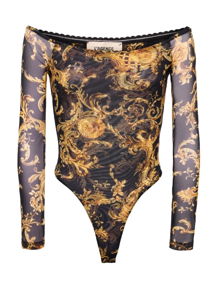 Peonie OffTheShoulder Bodysuit Blackgold Barocco Swirl Women L039Agence Blouses and Tops Peonie OffTheShoulder Bodysuit Blackgold Barocco Swirl Women L039Agence Blouses and Tops