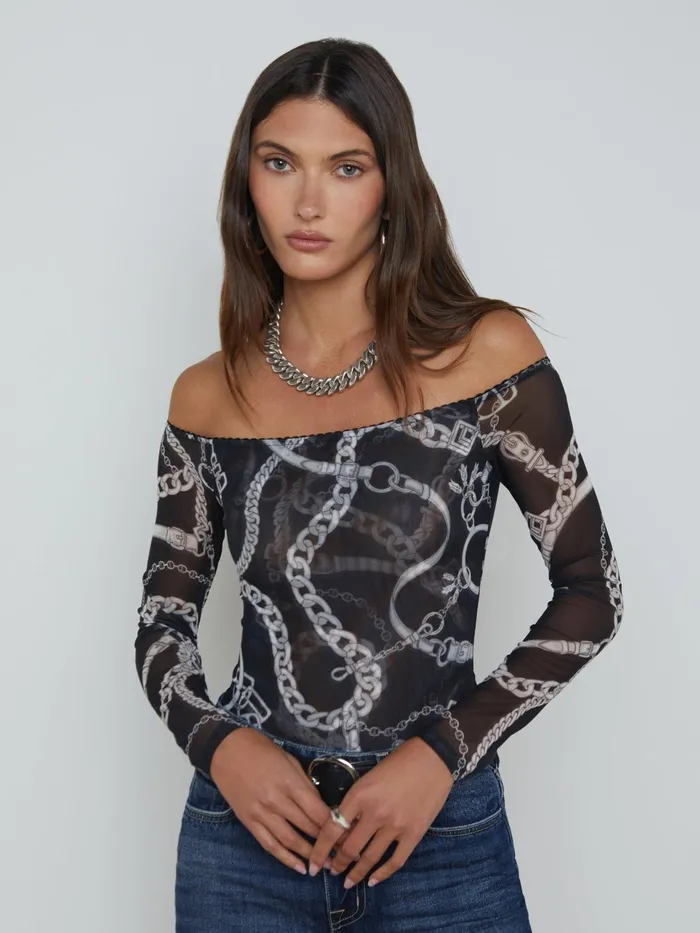 Peonie OffTheShoulder Bodysuit Blackwhite Buckle Chain Women L039Agence Blouses and Tops Peonie OffTheShoulder Bodysuit Blackwhite Buckle Chain Women L039Agence Blouses and Tops
