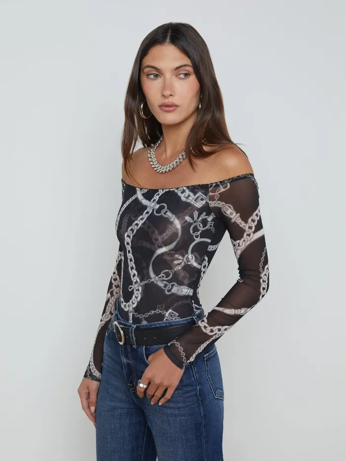Peonie OffTheShoulder Bodysuit Blackwhite Buckle Chain Women L039Agence Blouses and Tops Peonie OffTheShoulder Bodysuit Blackwhite Buckle Chain Women L039Agence Blouses and Tops