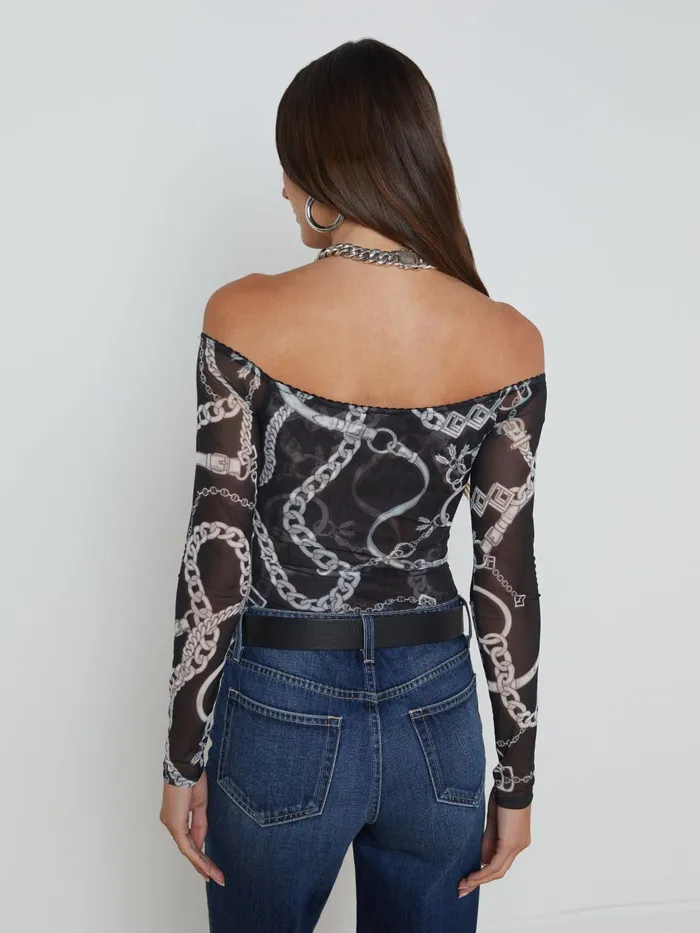 Peonie OffTheShoulder Bodysuit Blackwhite Buckle Chain Women L039Agence Blouses and Tops Peonie OffTheShoulder Bodysuit Blackwhite Buckle Chain Women L039Agence Blouses and Tops