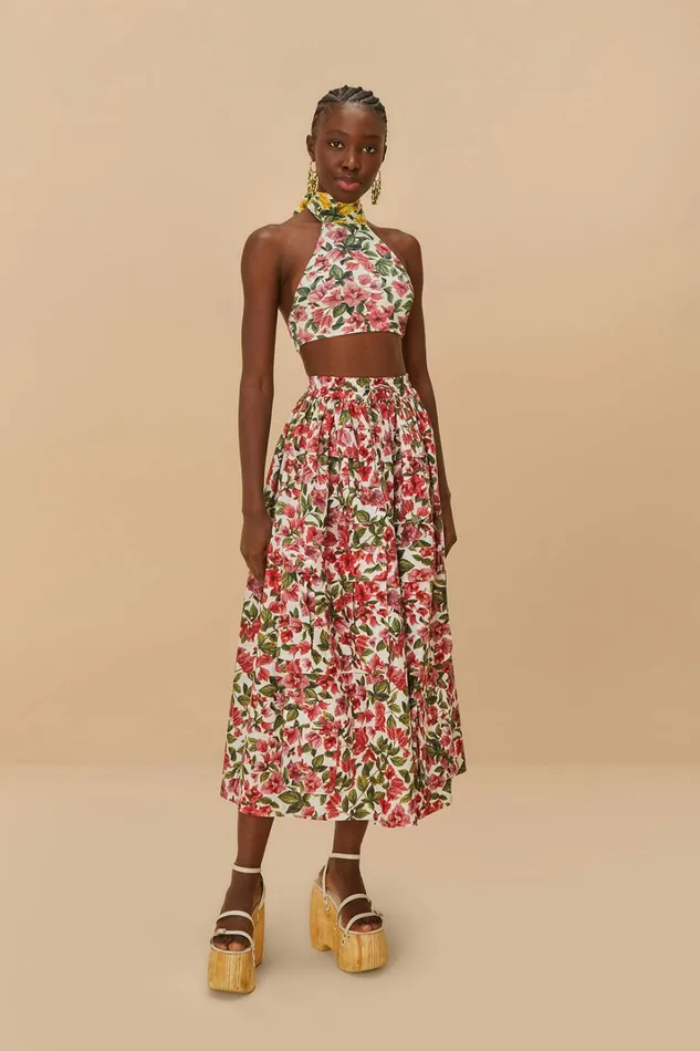 Pink Halftone Bougainvillea Organic Cotton Maxi Skirt Women FARM Rio Skirts