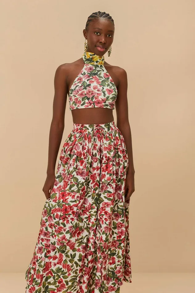 Pink Halftone Bougainvillea Organic Cotton Maxi Skirt Women FARM Rio Skirts Pink Halftone Bougainvillea Organic Cotton Maxi Skirt Women FARM Rio Skirts