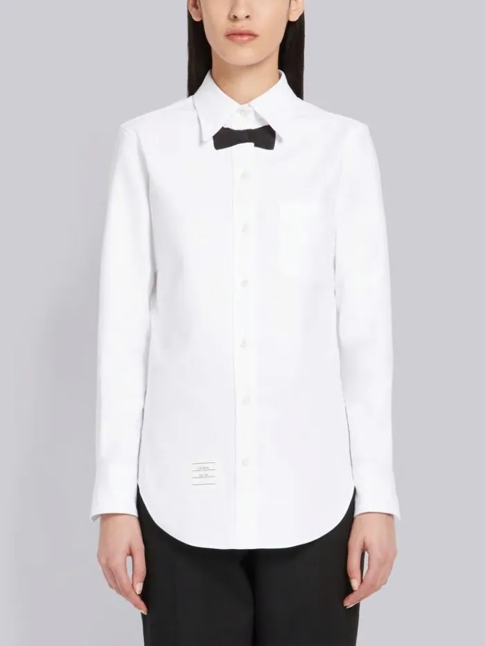 Pique Trompe L039oeil Bow Tie Button Down Shirt White Women Thom Browne Tops and Shirts