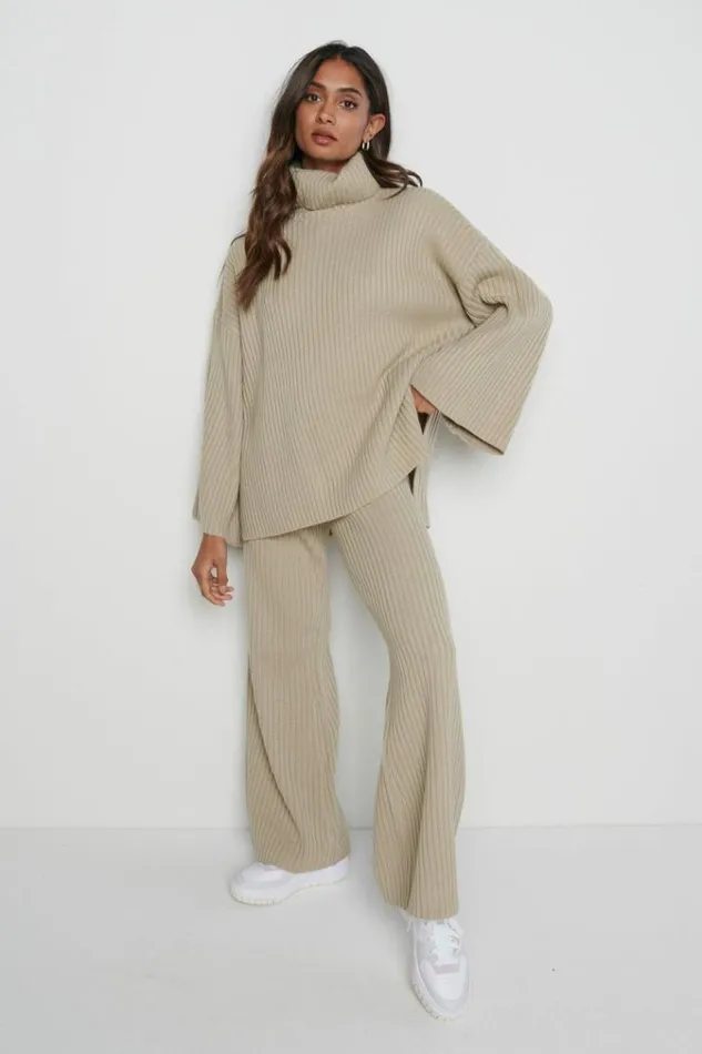 Pretty Lavish Bottoms Lina Ribbed Trousers Stone Beige 8211 Women